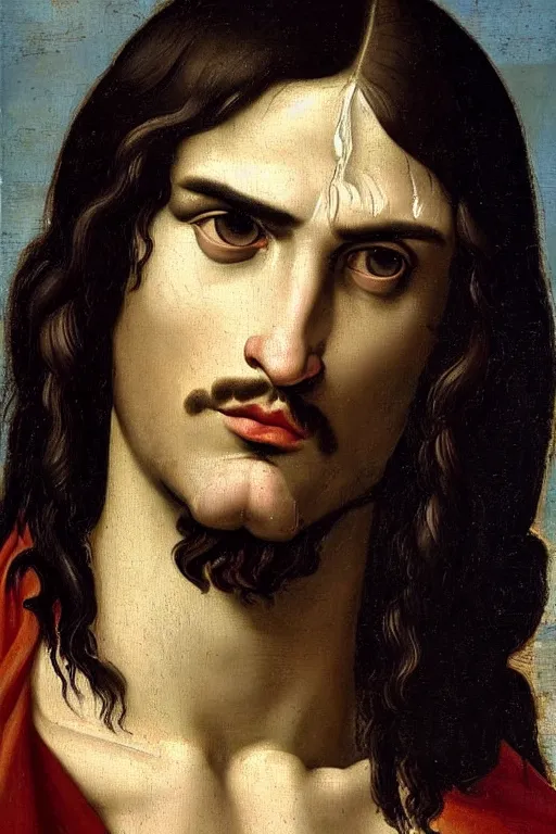 Image similar to renaissance painting of man, long black hair, pleading face, tears dripping from the eyes, emotions closeup, dressed in roman armour, the beautiful garden with pines, ultra detailed, art by Guido Reni style, Vincenzo Catena style