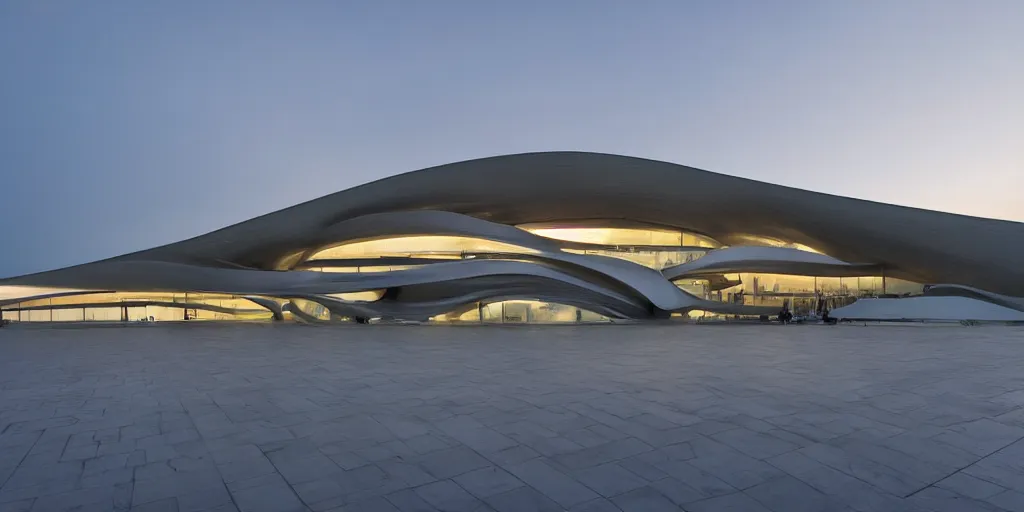 Image similar to extremely elegant smooth detailed stunning sophisticated beautiful elegant futuristic museum exterior by Zaha Hadid, smooth curvilinear design, stunning volumetric light, stainless steel, concrete, translucent material, beautiful sunset, tail lights