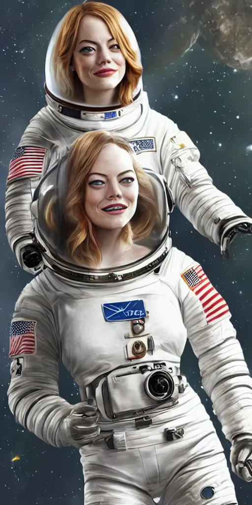 Prompt: Portrait of Emma Stone in a space suit. Highly detailed, photorealistic