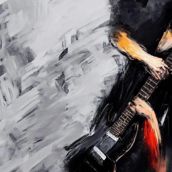 Image similar to large diagonal brush strokes, abstract dark painting of a young korean male musician wearing black tank top holding a telecaster!!! electric guitar!!, thick flowing dramatic brush strokes, dark matte colors!!, abstract, impressionist, motion, trending on artstation