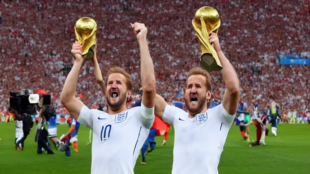 Prompt: Harry Kane wins the World Cup for England in a white shirt with three lions on the badge and lifts the Jules Rimet trophy.
