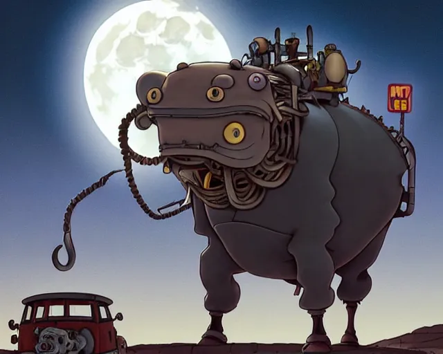 Image similar to a cell shaded cartoon grey lovecraftian mechanized bull from howl's moving castle ( 2 0 0 4 ), with a big head, on a desert road, wide shot, in front of a big moon, muted colors, post grunge, josan gonzales, wlop, by james jean, victor ngai, hq, deviantart, art by artgem