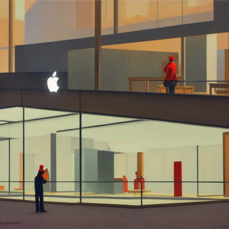 Prompt: inside empty apple store in London, painted by Edward Hopper, painted by James Gilleard, airbrush