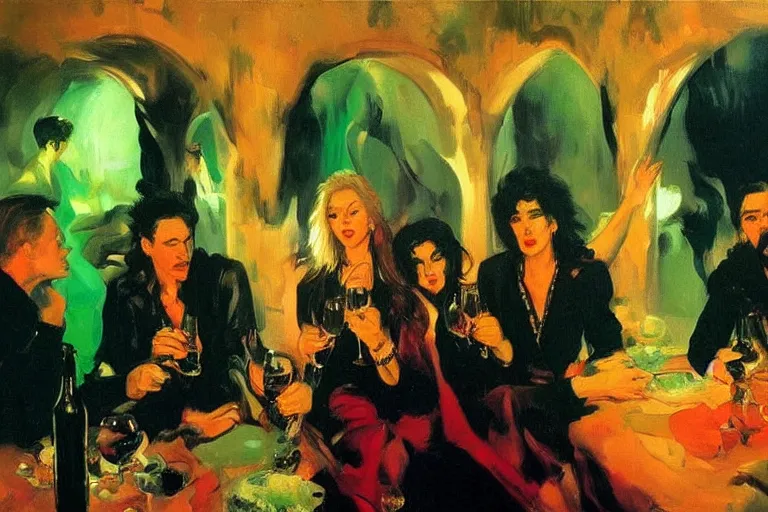 Image similar to glam rockers drinking brutal and raw wine, inside a green cave with red lights by joaquin sorolla, phil hale, extremely detailed, greek style