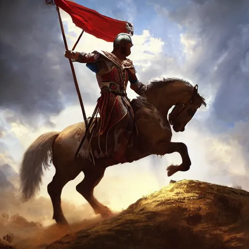 Image similar to gladiator mounted on horseback and carrying the flag of the cross of saint andrew on top of a hill, key art by craig mullins, bloom, dramatic lighting, cinematic, high details