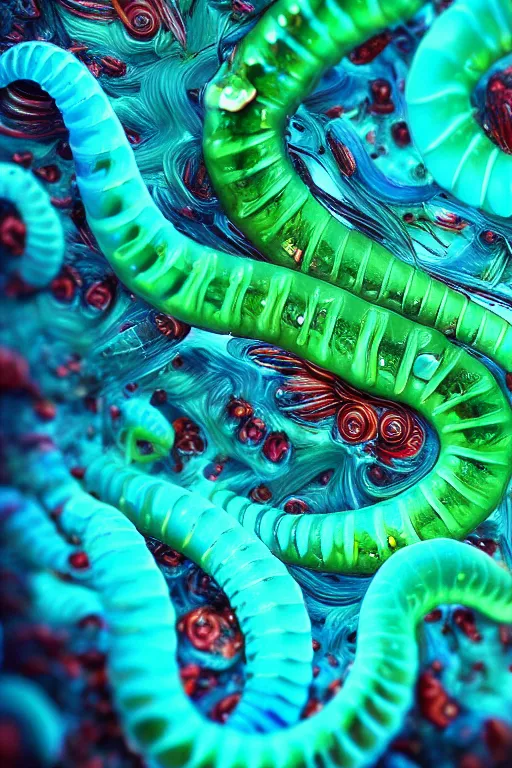 Image similar to high quality macro photo mecha gelatinous worms! gorgeous highly detailed hannah yata elson peter cinematic turquoise lighting high quality low angle hd 8k sharp shallow depth of field