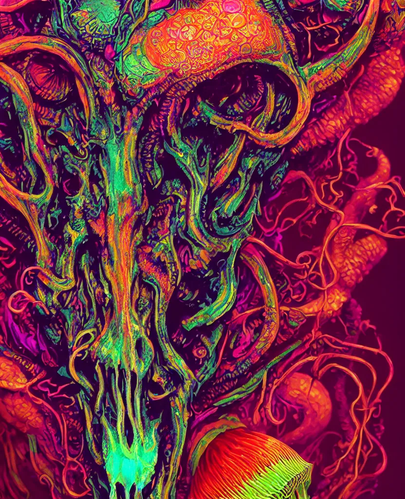 Image similar to psychedelic shaman close - up portrait goat skull. jellyfish phoenix head, nautilus, orchid, monkey skull, betta fish, bioluminiscent creatures, intricate artwork by tooth wu and wlop and beeple. octane render, trending on artstation, greg rutkowski very coherent symmetrical artwork. cinematic, hyper realism, high detail, octane render, 8 k