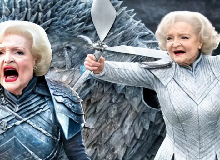 Image similar to a screenshot of betty white fighting the night king with a sword in an episode of game of thrones