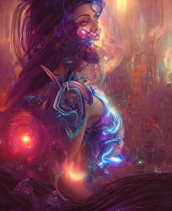 Image similar to a whirlwind of souls rushing inside the metaverse, half body, glowin eyes, tiara with sapphire, pharaoh, android, cyberpunk, d & d, fantasy, intricate, elegant, highly detailed, colorful, vivid color, digital painting, artstation, concept art, art by artgerm and greg rutkowski and alphonse mucha and ruan jia