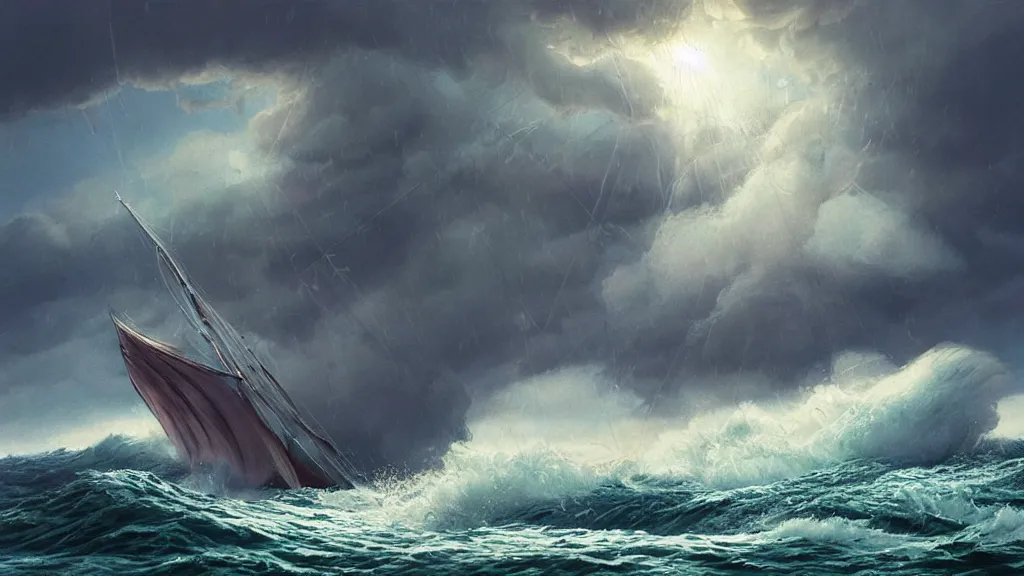 Image similar to a gigantic cat bursting out of a stormy sea attacking a small sail boat, wet fur, giant waves, sunbeams in background, intricate, detailed, volumetric lighting, sharp focus, scenery, photorealism, digital painting, highly detailed, concept art, by roger dean and simon stalenhag and mark brooks