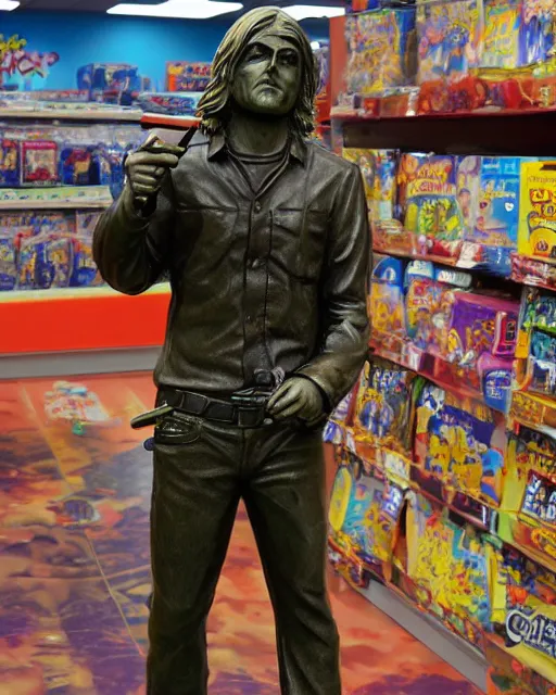 Prompt: photograph of bronze statue of kurt cobain holding a shotgun in a toys r us, photo - realism, 8 k, cinematic,