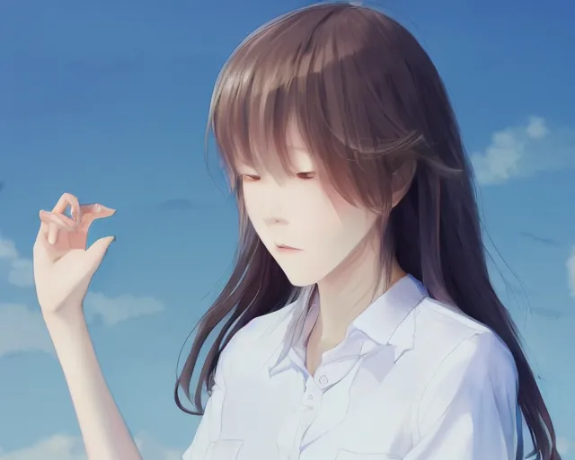 Image similar to teen looking at blue sky, wearing white shirt, back turned, looking up, illustration, by pine ( ハイネ ) and 薯 子 imoko and 香 川 悠 作 and wlop and maya takamura, highly detailed, trending artstation, pixiv, digital art