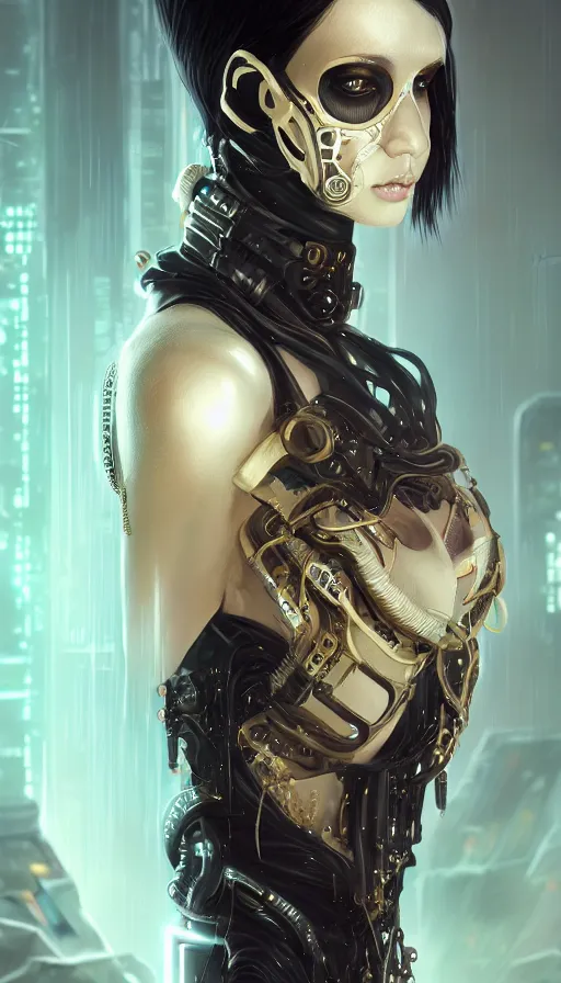 Image similar to soft lustrous ebony ivory biotech raver gutter punk gothic cyborg, golden ratio, details, scifi, fantasy, cyberpunk, intricate, decadent, highly detailed, digital painting, octane render, artstation, concept art, smooth, sharp focus, illustration, art by artgerm, loish, wlop