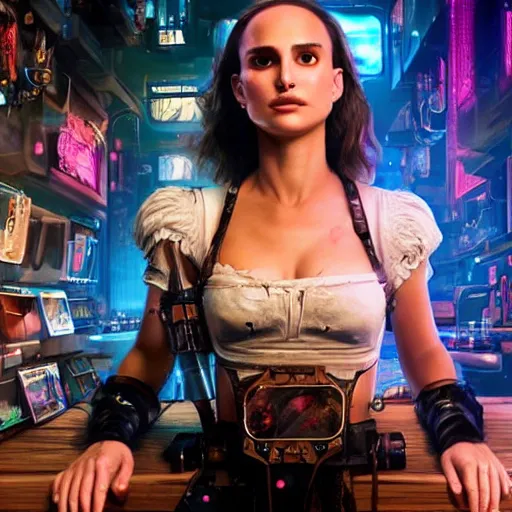 Image similar to a high quality portrait of natalie portman as a pirate in a cyberpunk cyberpunk cyberpunk cafe, realism, 8k, award winning photo