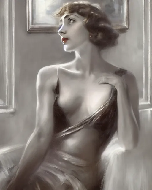 Image similar to daniel gerhartz and artgerm portrait digital realist painting of a 1 9 2 0 s beautiful woman at a party in a mansion, mansion interior in the background, unreal engine, hyper realism, realistic shading, cinematic composition, realistic render, octane render, detailed textures, photorealistic, ultrawide shot, 3 5 mm film