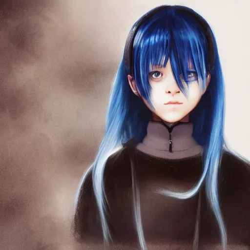 Image similar to full face shot of rimuru tempest, sky blue straight hair, long bangs, with amber eyes, wearing a black jacket, high collar, ultra detailed, concept art, award winning photography, digital painting, cinematic, wlop artstation, closeup, pixiv, evil, yoshitaka amano, andy warhol, ilya kuvshinov,