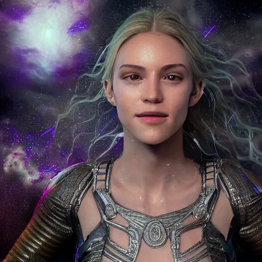 Image similar to full body pose, hyperrealistic photograph of the stardust in her smile, dim volumetric lighting, 8 k, octane beautifully detailed render, extremely hyper detailed, intricate, epic composition, cinematic lighting, masterpiece, trending on artstation, very very detailed, stunning, hdr, smooth, sharp focus, high resolution, award, winning photo, dslr, 5 0 mm