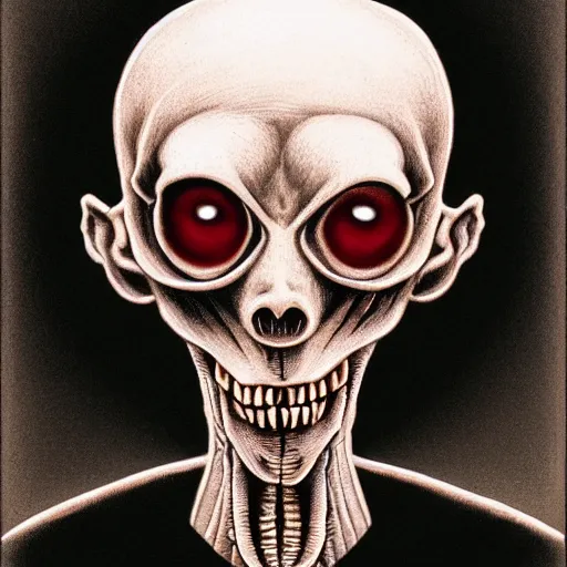 Image similar to humanoid with crooked teeth, two black eyes, long open black mouth, alien looking, big forehead, horrifying, killer, creepy, photo turning slightly yellow, dead, looking straight forward, realistic, slightly red, long neck, boney, monster, tall, skinny, skullish, deathly, in the style of alfred kubin