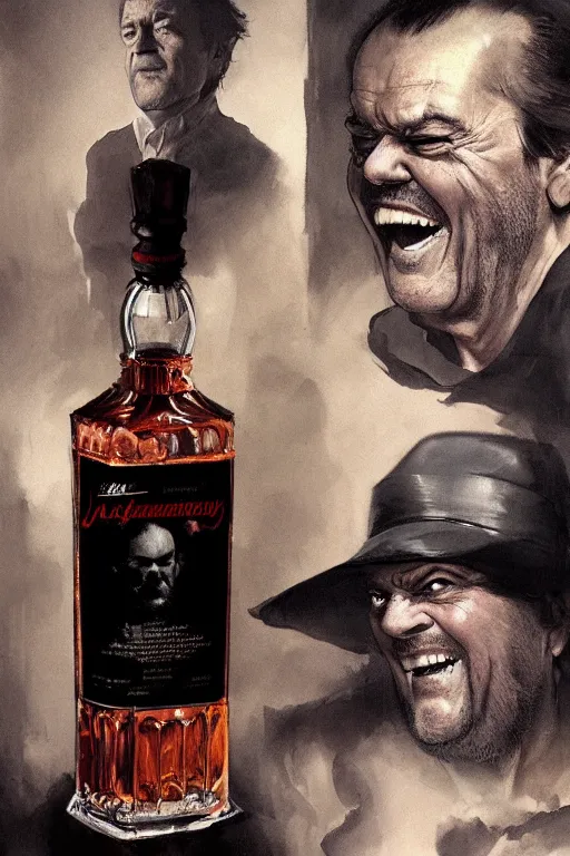 Image similar to a whiskey bottle is jack nicholson, jack nicholson is the bottle, by caravaggio and artgerm and greg rutkowski