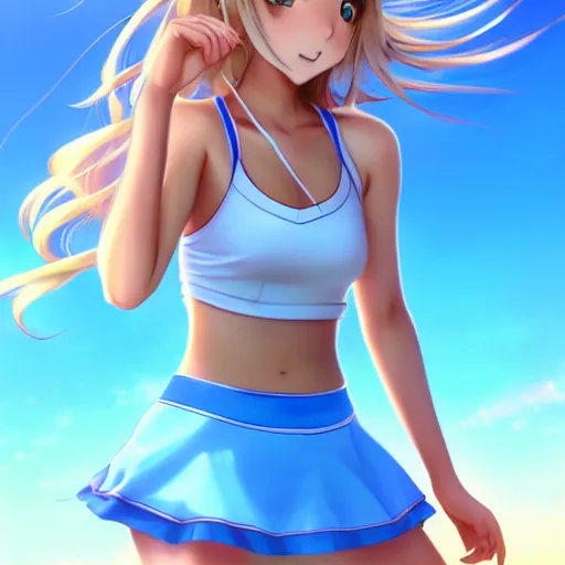 Image similar to a very beautiful young anime tennis girl, full body, long wavy blond hair, sky blue eyes, full round face, short smile, bikini, miniskirt, front view, medium shot, mid - shot, highly detailed, cinematic wallpaper by stanley artgerm lau