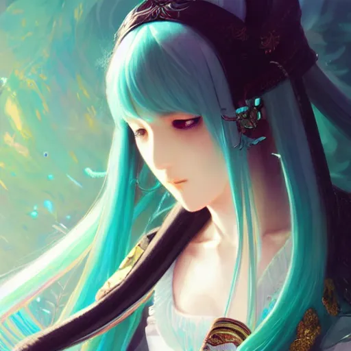 Prompt: Hatsune Miku, closeup, D&D, fantasy, intricate, elegant, highly detailed, digital painting, artstation, concept art, matte, sharp focus, undistorted, illustration, art by Artgerm and Greg Rutkowski and Alphonse Mucha