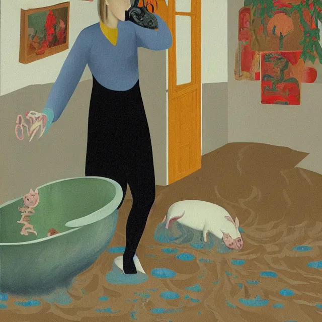 Image similar to tall female emo artist holding a pig in her flooded bathroom, water gushing from ceiling, painting of flood waters inside an artist's bathroom, a river flooding indoors, pomegranates, pigs, ikebana, zen, water, octopus, river, rapids, waterfall, black swans, canoe, berries, acrylic on canvas, surrealist, by magritte and monet