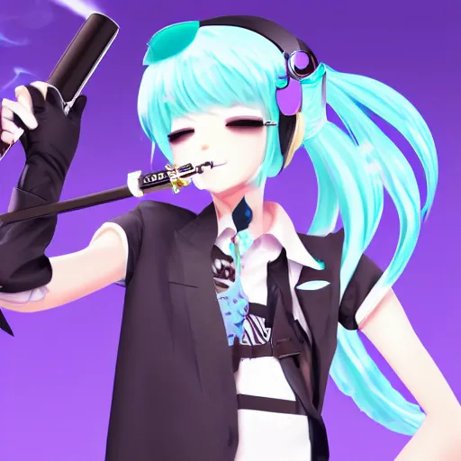 Image similar to hatsune miku smoking weed with a vape pen, smoke coming out of her mouth, bloodshot eyes, artstation, 4 k