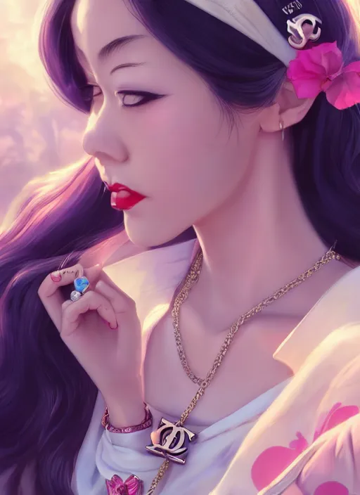 Image similar to a pin up and beautiful fashion dreamlke japan girl with lv jewelry, character art, art by artgerm, wlop, loish, hyperdetailed, 8 k realistic, symmetrical, global illumination, radiant light, frostbite 3 engine, cryengine, dof, trending on artstation, digital art, chanel, dior, detailed background