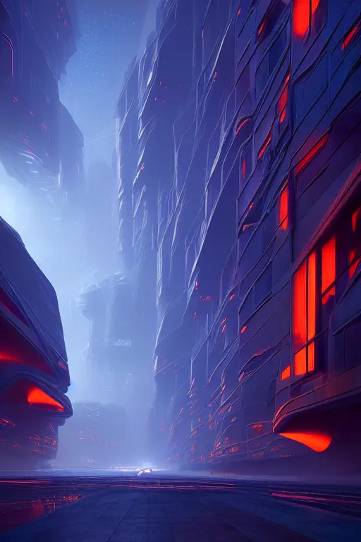 Prompt: emissary futuristic citys with orange lasers lighting the street, windows lit with blue hue, stone marble sculptures, by tim blandin and arthur haas and bruce pennington and john schoenherr, cinematic matte painting, zaha hadid building, photo realism, dark moody color palate, blue hour stars, desolate alaskan landscape,