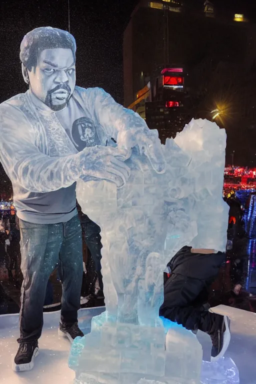 Image similar to dramatic photo, the rapper'ice cube'carving a full body ice sculpture of rapper'ice cube'at harbin ice festival, wide angle photo, award winning, artgerm, wlop, james gurney, trending on artstation