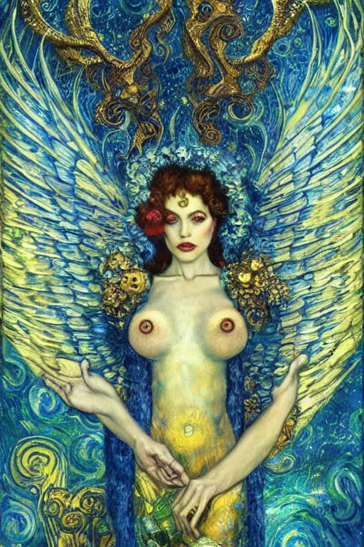 Prompt: Visions of Paradise by Karol Bak, Jean Deville, Gustav Klimt, and Vincent Van Gogh, visionary, otherworldly, celestial, fractal structures, infinite angel wings, ornate gilded medieval icon, third eye, spirals, heavenly spiraling clouds with godrays, airy colors