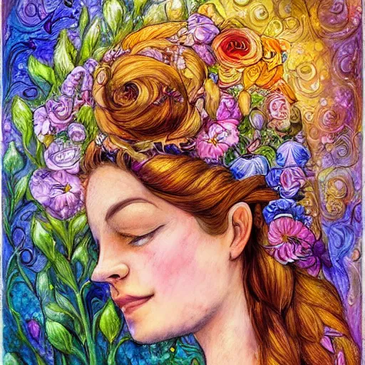 Prompt: a painting of a a woman with flowers in her hair, a storybook illustration by josephine wall, watercolor, deviantart, metaphysical painting, storybook illustration, detailed painting, whimsical, psychedelic art