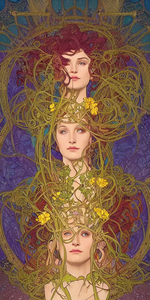 Prompt: a portrait painting of a singular beautiful female godess of spring, colorful flowers, holy geometry, tarot card style, by Mohrbacher and Moebius and Alphonse Mucha and Roger Deakins, cinematic lighting, masterpiece, golden ratio background, highly detailed, 8k resolution, trending on art station