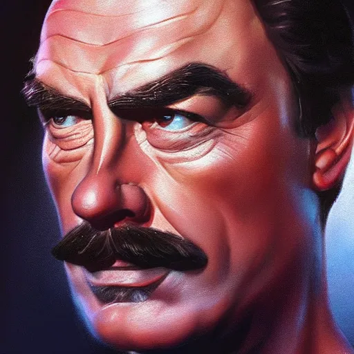 Image similar to ultra realistic head and shoulders portrait painting of tom selleck as cal kestis in star wars jedi fallen order, art by frank frazetta, 4 k, ultra realistic, highly detailed, epic lighting