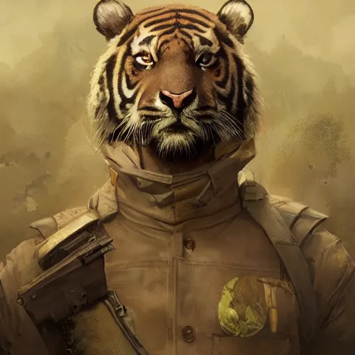 Image similar to a aesthetic award winning commission portrait of a fit anthro tiger wearing military uniform,digital art,art by greg rutkowski,art germ,charles bowater,trevor henderson,detailed beautfiul face,photorealistoc,hyperdetailed,dramatic,artstation,deviantart,professional lighting