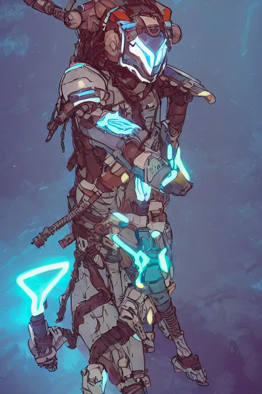 Image similar to combination suit armor aloy horizon forbidden west horizon zero dawn robot ninja mask helmet backpack tribal, art gta 5 comics, official fanart behance hd artstation by jesper ejsing, by rhads, makoto shinkai and lois van baarle, ilya kuvshinov, ossdraws radiating a glowing aura cgi rtx 2 0 2 2