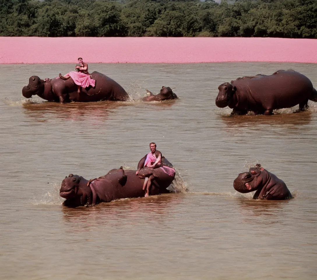 Prompt: a 3 5 mm photography, kodachrome colour of one grandpa riding a hippo in a pink lake, taken by martin parr