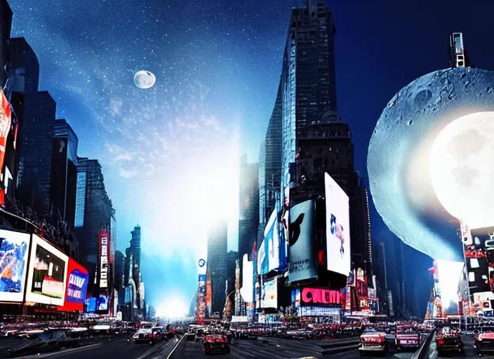 Image similar to film still of the moon shattering into pieces over time square in the new disaster movie, 8 k, night time