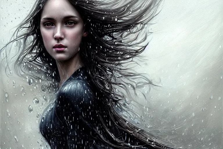 Image similar to highly detailed portrait of a beautiful girl running in rain with wet dark hair and pale face, fantasy, intricate, elegant, dramatic lighting, emotionally evoking symbolic metaphor, highly detailed, lifelike, photorealistic, digital painting, artstation, concept art, smooth, sharp focus, illustration, art by John Collier and Albert Aublet and Krenz Cushart and Artem Demura and Alphonse Mucha