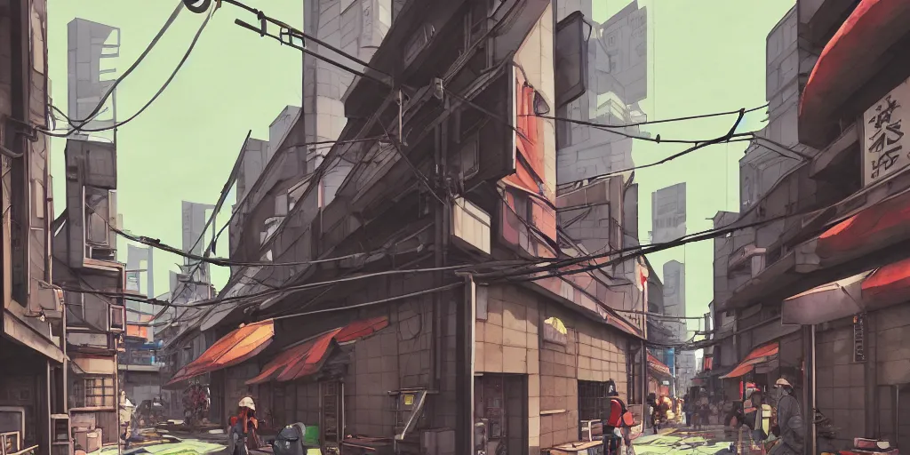 Image similar to japanese downtown, architecture, tokyo street, stylized, alleyway, in watercolor gouache detailed paintings, artstation, 8 k, big medium small, overwatch building, insanely detail, arcane, simon stalenhag, cyberpunk, food stall