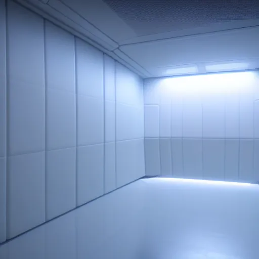 Image similar to a white room 1 2 ft long x 1 0 ft wide x 8 ft tall, geometrically perfect, clean and empty, sci fi spaceship futuristic paneling unreal engine, general studio lighting, 8 k,