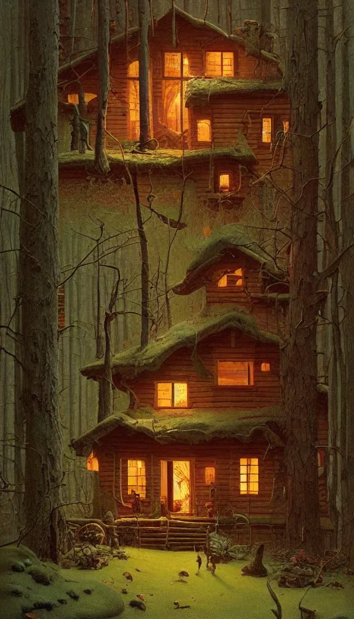 Image similar to cozy home in the woods moody lighting, highly detailed, painting by zdzisław beksinski and norman rockwell and greg rutkowskiweta studio, and lucasfilm