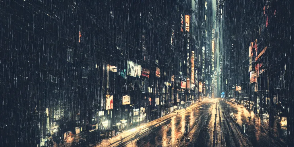 Image similar to a city street at night, raining, photograph, cyberpunk, sharp focus, intricate detail, Desolate, dystopian wasteland, drone shot,