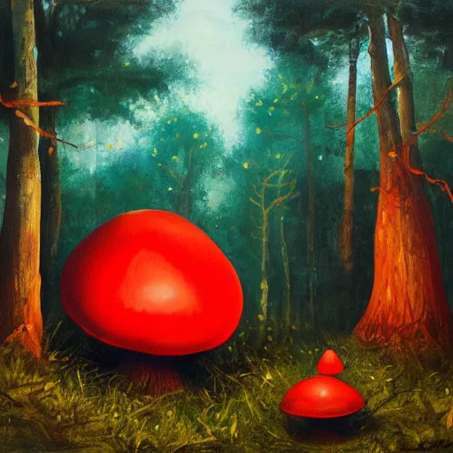 Image similar to glowing giant red mushrooms attacking a goblin in forest, oil painting, soft light, night time