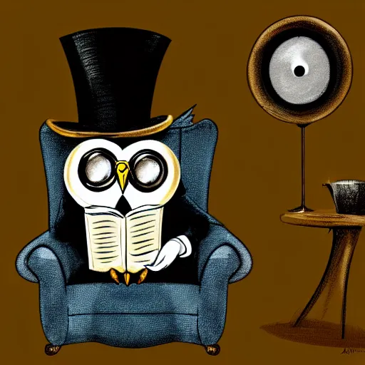 Prompt: a well-dressed owl wearing a monocle and a top hat, sitting in an armchair and reading a book, digital painting, concept art