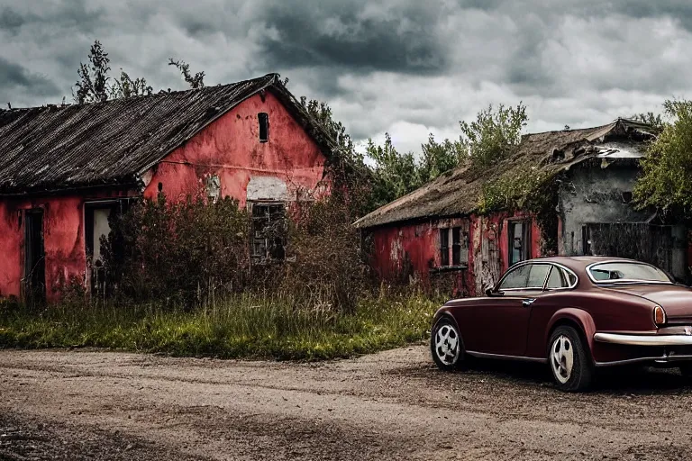 Prompt: modern rusty rusty Bentley Continental GT drives along the road of an old Russian village with houses at the edges