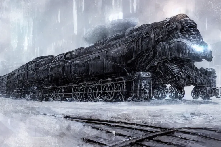 Image similar to a grand intricate futuristic black steam train next to a giant mammoth, post - apocalyptic ice landscape in snowstorm, concept art, artstation, highly detailed, digital art