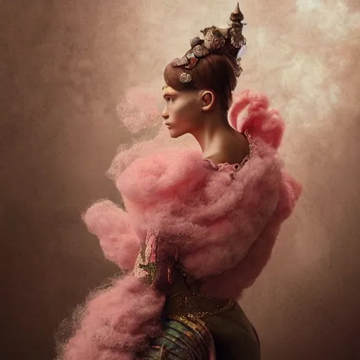 Image similar to a brown woman wearing a candy floss armor. super detailed. layered. textured. award winning. refracted lighting. fragile. by ray caesar. by louise dahl - wolfe, by andrea kowch. surreal photography.