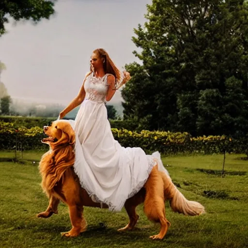 Image similar to woman in a wedding dress riding a giant golden retriever, trending on art station