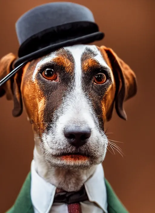 Image similar to closeup portrait of a hunting terrier wearing a suit and a monocle and a top hat, depth of field, zeiss lens, detailed, centered, by Annie Leibovitz and Steve McCurry, David Lazar, Jimmy Nelsson, Breathtaking, 8k resolution, extremely detailed, beautiful, establishing shot, artistic, hyperrealistic, beautiful face, octane render